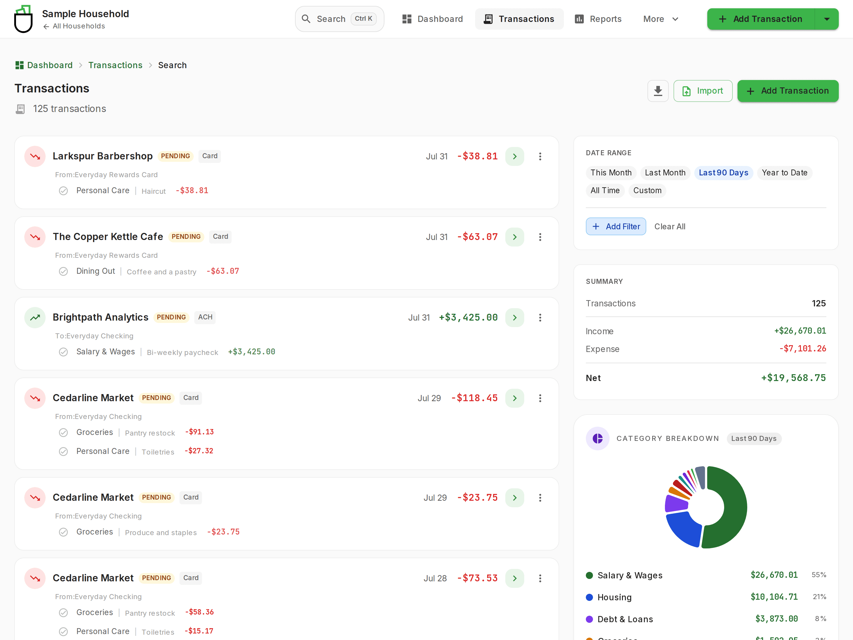 The Trupocket transaction list for the fictional Sample Household, where every row carries a payee, a category, and an amount, beside a panel of date filters, an income and expense summary, and a chart breaking the last 90 days down by category.